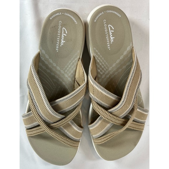 Women's‎ Clarks Mira Isle Slide Sandal Sand Textile Cloud Steppers Size 7.5~EUC - Picture 7 of 11